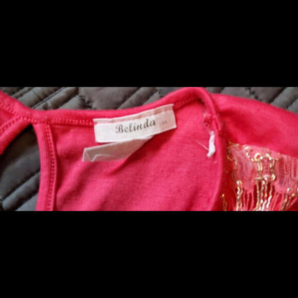Belinda Coral Pink T-Shirt Gold Embroidered Front Open Back S/M - Picture 4 of 5